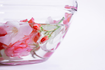 Glass plate with water and flowers, spa manicure treatment, top view, spa aroma bowl for hands