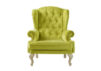 Isolated yellow armchair. Vintage armchair. Insulated furniture. Yellow chair. Yellow velvet armchair