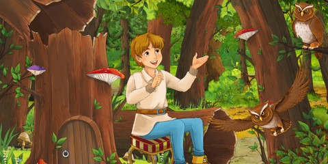 cartoon scene with happy young boy child prince or farmer in the forest encountering pair of owls flying - illustration for children
