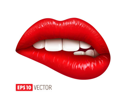 Red sexy lips isolated on white. Realistic 3d vector illustration.