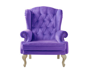 Isolated violet armchair. Vintage armchair. Insulated furniture. Violet chair. Violet velvet armchair