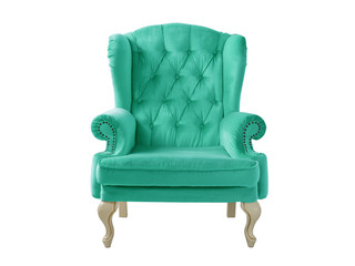 Isolated turquoise armchair. Vintage armchair. Insulated furniture. Turquoise chair. Turquoise velvet armchair