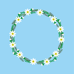 White flower wreath with green leaves on blue background suitable for wedding invitation decoration or frame design 