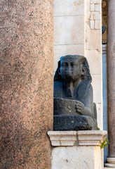 Sphinx outside the Cathedral of St Domnius in Split Croatia. The black granite sphinx is originally from Egypt and is dated from the 15th century BC