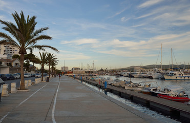 Sunset view of San Antonio beach and Ibiza clubs, Spain