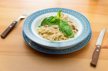Fettucine carbonara table setting