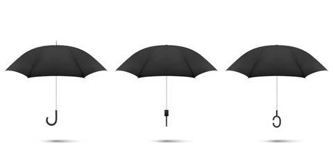 Vector 3d Realistic Render Black Blank Umbrella Icon Set Closeup Isolated on White Background. Design Template of Opened Parasols for Mock-up, Branding, Advertise etc. Top and Front View