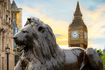 Lion Sculpture at Trafalgar Square with Big Ben on the background in London, UK
