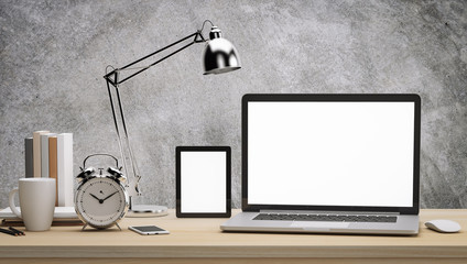 Computer notebook tablet blank screen on wood table and cement background workspace mock up design illustration 3D rendering