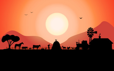 Vector farm silhouette with a ranch animals