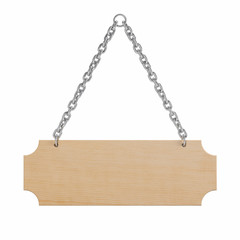 Wooden sign on a chain isolated on White Background. This has clipping path. illustration 3d rendering