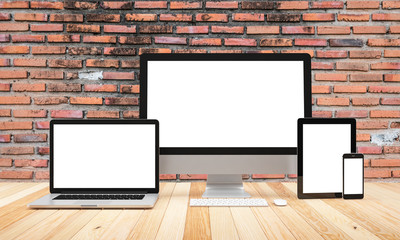 Blank Computer, laptop, smartphone, tablet,on wood table background, workspace, mock up, illustration 3D rendering