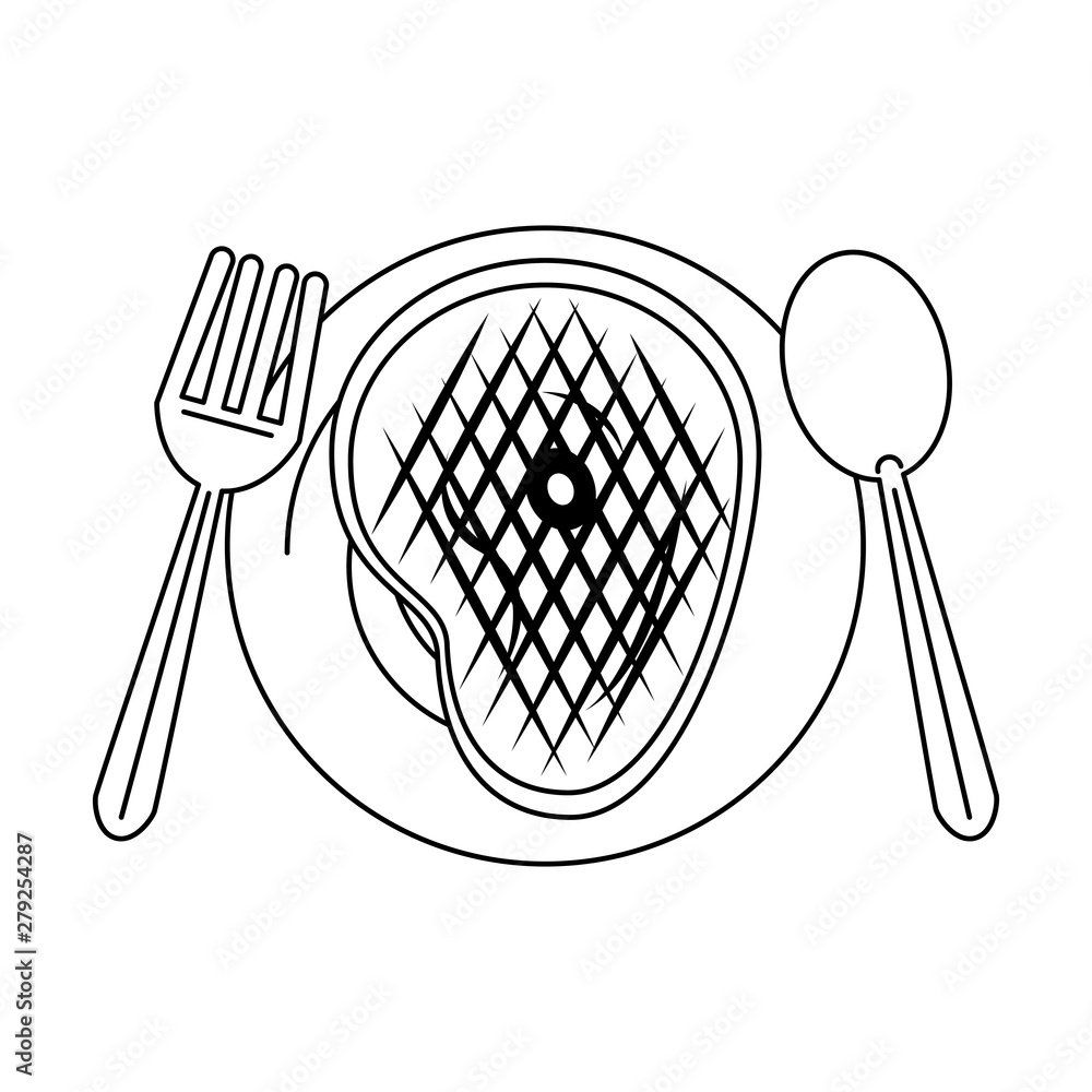 Sticker Tasty barbecue grilled food cartoon in black and white