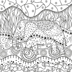 Abstract elephant on square pattern. Hand drawn animal with ornate patterns on isolation background. Design for spiritual relaxation for adults. Black and white illustration for coloring