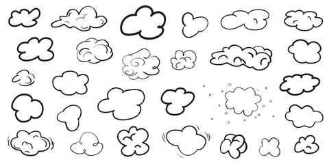 Fototapeta premium Outline clouds on white. Hand drawn samples. Black and white illustration
