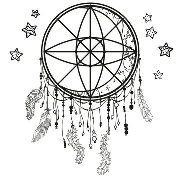 Dreamcatcher on white. Abstract mystic symbol. Design for spiritual relaxation for adults. Black and white illustration for coloring
