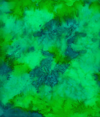 Abstract hand painted  green silk background with spots and waves