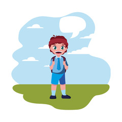school boy with bag talk bubble