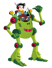 cartoon green robot with kid