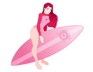 Surfer Girl tiwh surfboard isolated