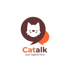 Cat talk logo, cat face silhouette inside round bubble speak icon illustration logo