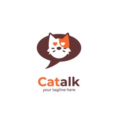 cat talk logo for forum, community or chat app. cat logo in bubble speak speech shape logo icon illustration vector simple design