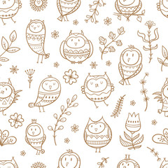 Seamless pattern with cute cartoon owls and plants on a white background. Funny birds. Vector contour image. Doodle style.