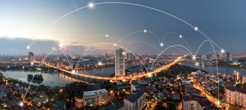 Smart City And Wireless Communication Network Concept. Digital Network Connection Lines