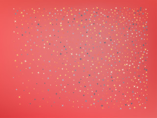 Coral color background. Stars confetti. 