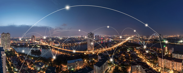Smart city and wireless communication network concept. Digital network connection lines