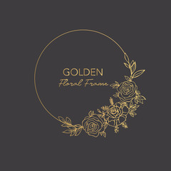 Delicate Gold Hand Drawn Vector Round Floral Frame with Leaves and Herbs