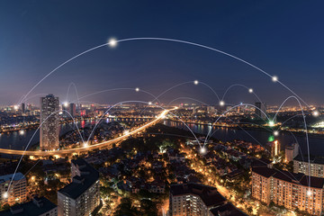 Smart city and wireless communication network concept. Digital network connection lines