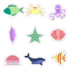 Sea inhabitants in flat style isolated on white background: star, octopus, fish, jellyfish, crab, shells, whale.