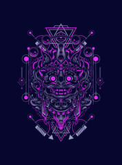 Barong Balinese mask head logo illustration with sacred geometry pattern as the background