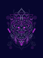 Barong Balinese mask head logo illustration with sacred geometry pattern as the background