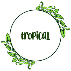 Lettering of summer tropical with pattern art of green leaves frame. Vector