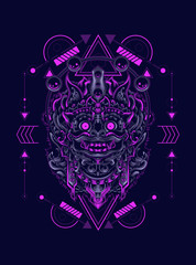 Barong Balinese mask head logo illustration with sacred geometry pattern as the background