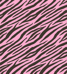 Vector seamless pattern of black tiger zebra stripes print fur isolated on pink background