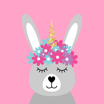 Vector flat portrait of easter bunny rabbit with flowers on head face isolated on pink background