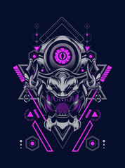 Devil mask head logo illustration with sacred geometry pattern as the background