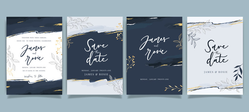 Navy and indigo Wedding Invitation, floral invite thank you, rsvp modern card Design in white flower with leaf greenery  branches decorative Vector elegant rustic template