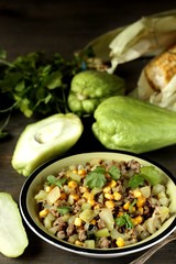 chayote dish with minced meat and corn. Latin American dish.  mexican dish 