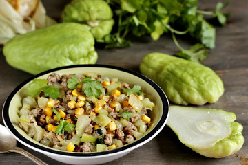 chayote dish with minced meat and corn. Latin American dish.  mexican dish 