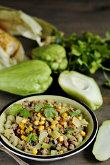 chayote dish with minced meat and corn. Latin American dish.  mexican dish 