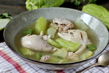 soup with chayote and chicken. Latin American cuisine. dish with chayote.  keto diet.