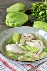 soup with chayote and chicken. Latin American cuisine. dish with chayote.  keto diet.