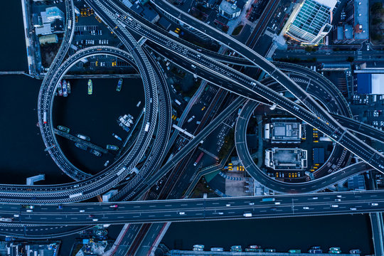 Overhead view of an elevated highway at dusk