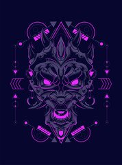 Devil mask head logo illustration with sacred geometry pattern as the background