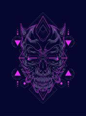 Devil skull head illustration with sacred geometry pattern as the background