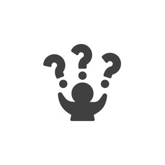 Man with raised hands and a question mark vector icon. filled flat sign for mobile concept and web design. Person asking question glyph icon. Symbol, logo illustration. Vector graphics